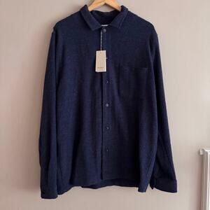 Sunspel England Wool Blend Button Front Flannel Shirt Navy Blue Size Large NEW